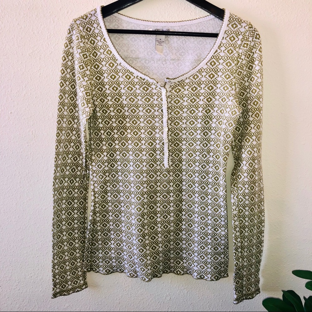 Lucky Brand Printed Waffle Henley - Green/White